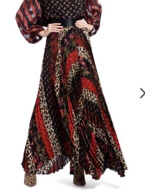 Alice + Olivia Katz Skirt Size 2 Boho Patchwork Floral Leopard Pleated Maxi New